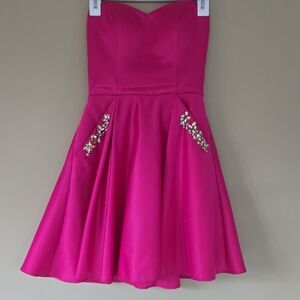 Pink Strapless Party Mini Dress with Embellished Pockets
